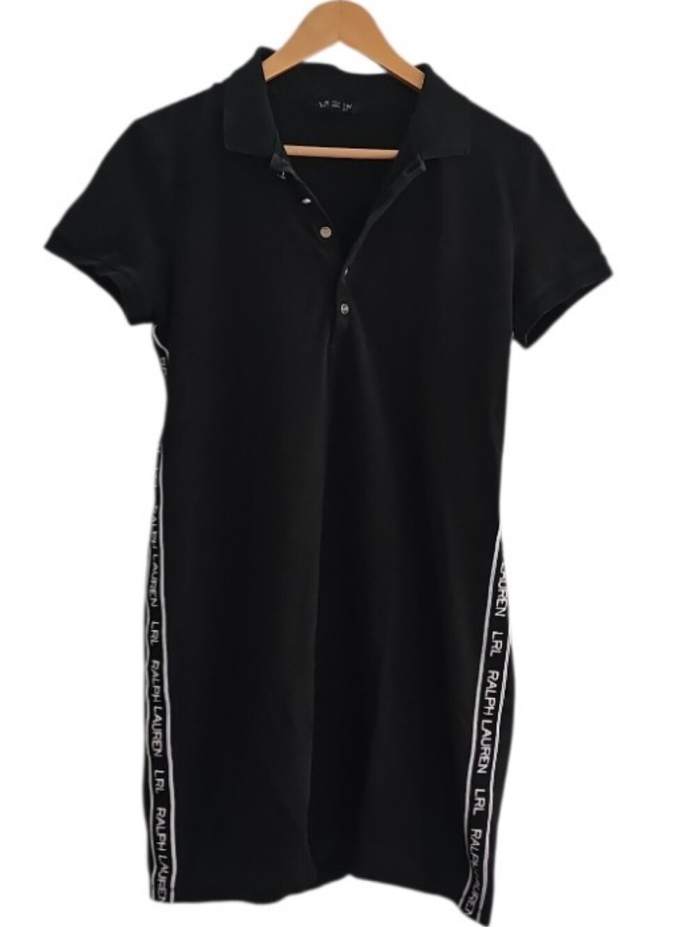 Vintage Lauren Ralph Lauren Polo Dress Sz L Black Logo Tape Cotton Stretch Y2K - Picture 1 of 14
